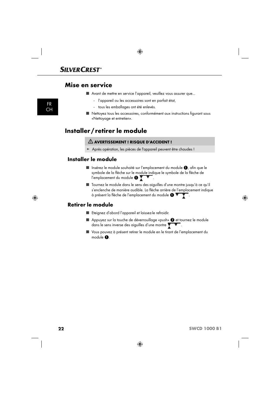 Mise en service, Installer / retirer le module, Installer le module | Retirer le module, Fr ch | Silvercrest SWCD 1000 B1 User Manual | Page 25 / 59