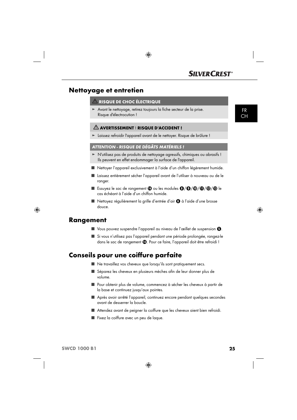 Nettoyage et entretien, Rangement, Conseils pour une coiﬀ ure parfaite | Fr ch | Silvercrest SWCD 1000 B1 User Manual | Page 28 / 59