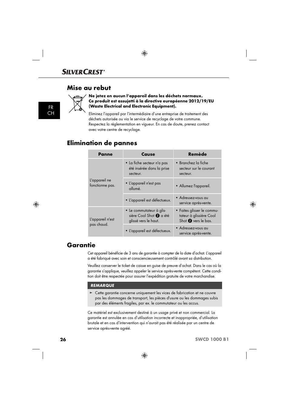 Mise au rebut, Elimination de pannes, Garantie | Fr ch | Silvercrest SWCD 1000 B1 User Manual | Page 29 / 59