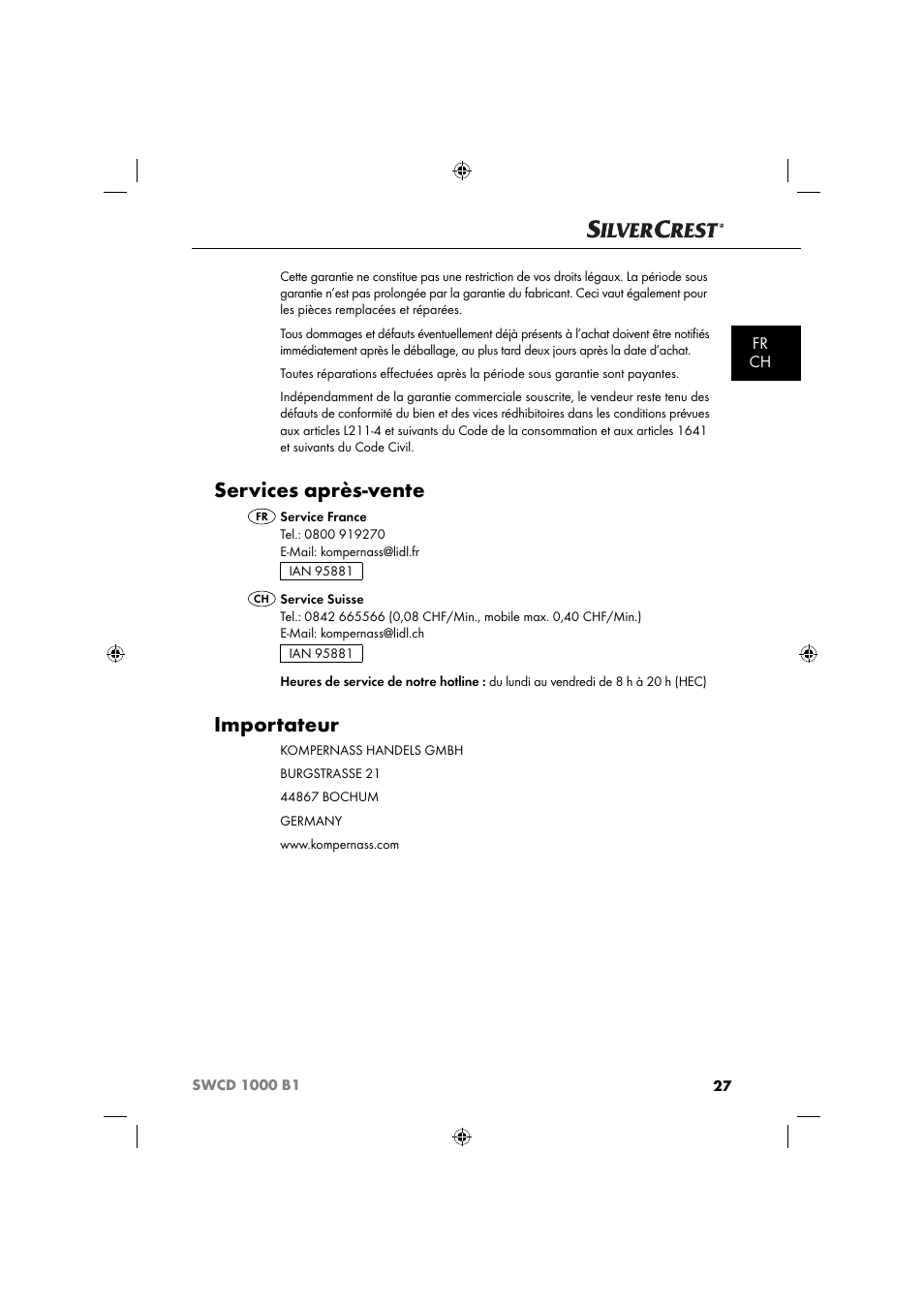 Services après-vente, Importateur, Fr ch | Silvercrest SWCD 1000 B1 User Manual | Page 30 / 59