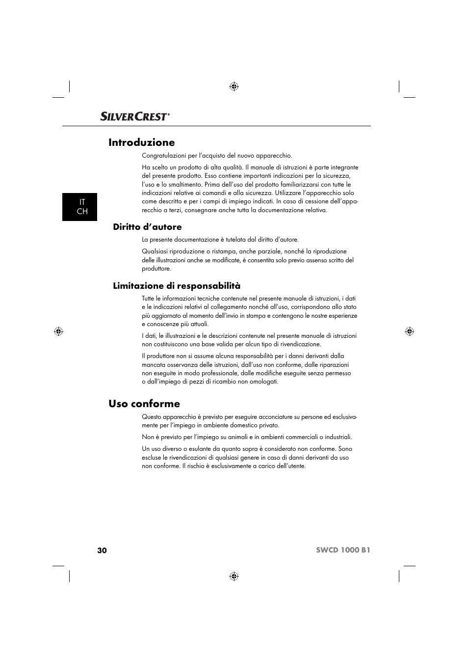 Introduzione, Uso conforme, Diritto d’autore | Limitazione di responsabilità, It ch | Silvercrest SWCD 1000 B1 User Manual | Page 33 / 59