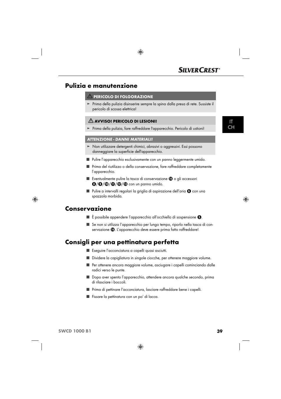 Pulizia e manutenzione, Conservazione, Consigli per una pettinatura perfetta | It ch | Silvercrest SWCD 1000 B1 User Manual | Page 42 / 59