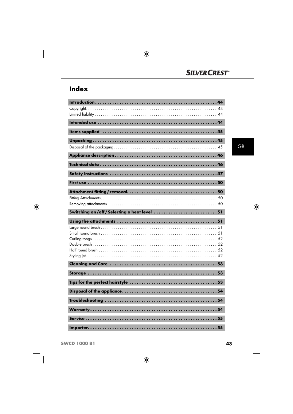 Index | Silvercrest SWCD 1000 B1 User Manual | Page 46 / 59