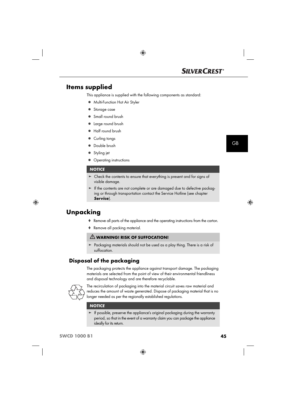 Items supplied, Unpacking, Disposal of the packaging | Silvercrest SWCD 1000 B1 User Manual | Page 48 / 59