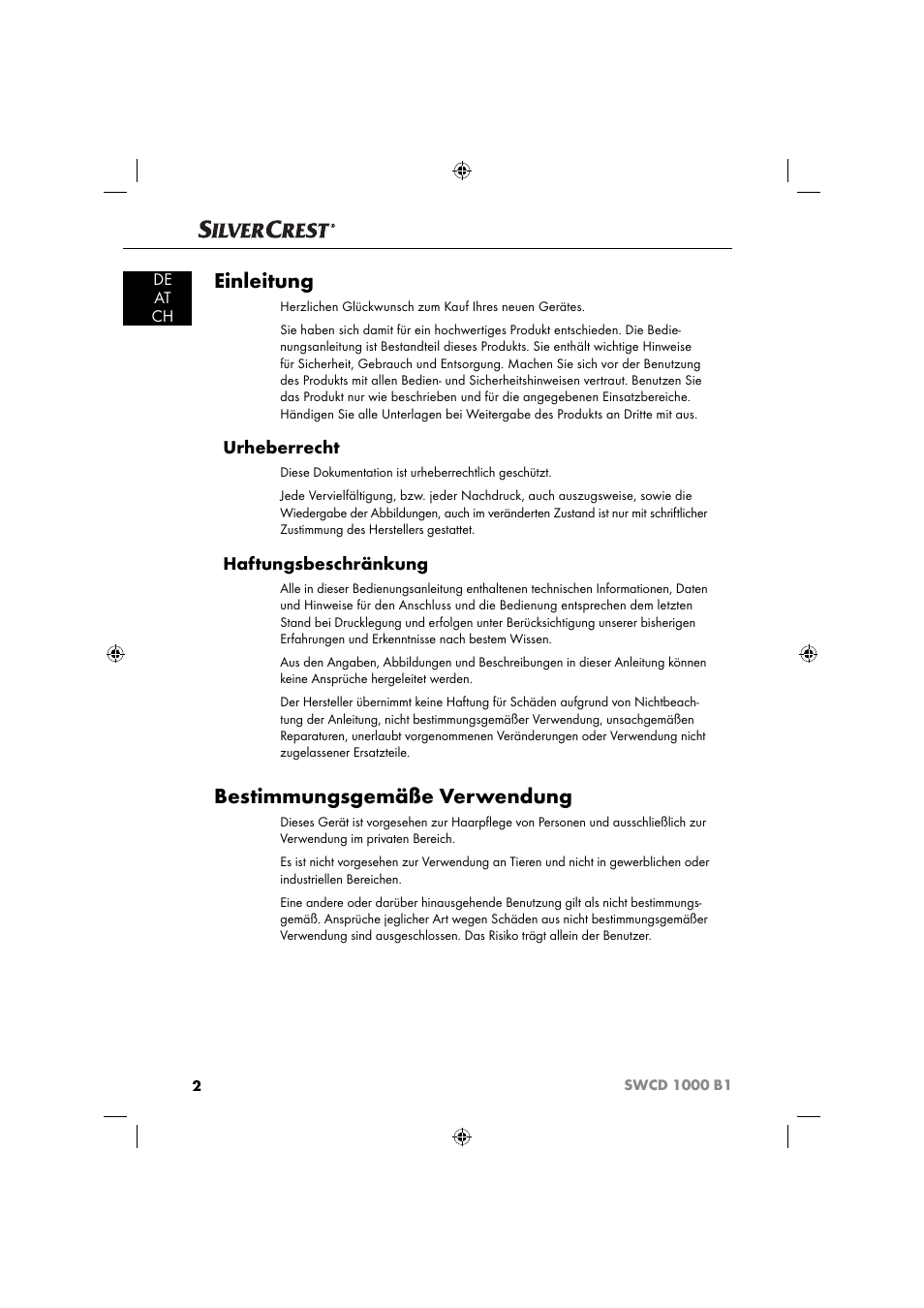 Einleitung, Bestimmungsgemäße verwendung, Urheberrecht | Haftungsbeschränkung, De at ch | Silvercrest SWCD 1000 B1 User Manual | Page 5 / 59