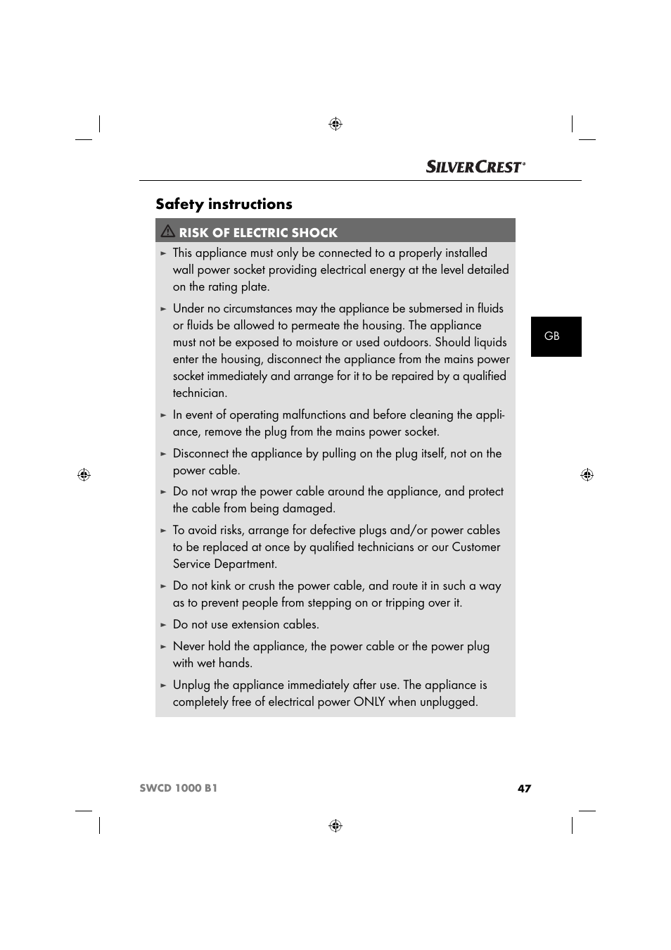 Safety instructions, Risk of electric shock, Do not use extension cables | Silvercrest SWCD 1000 B1 User Manual | Page 50 / 59