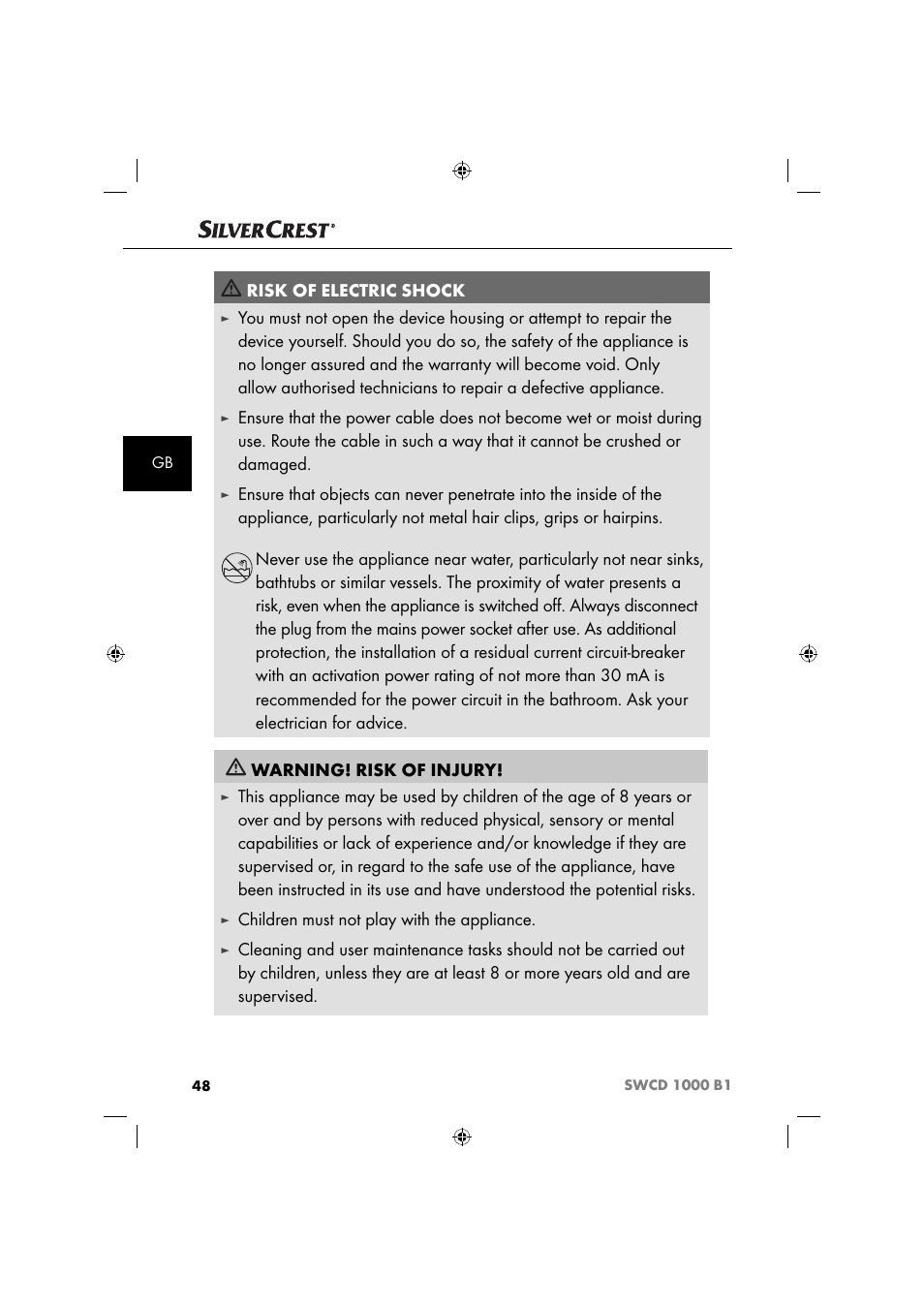 Risk of electric shock, Children must not play with the appliance | Silvercrest SWCD 1000 B1 User Manual | Page 51 / 59