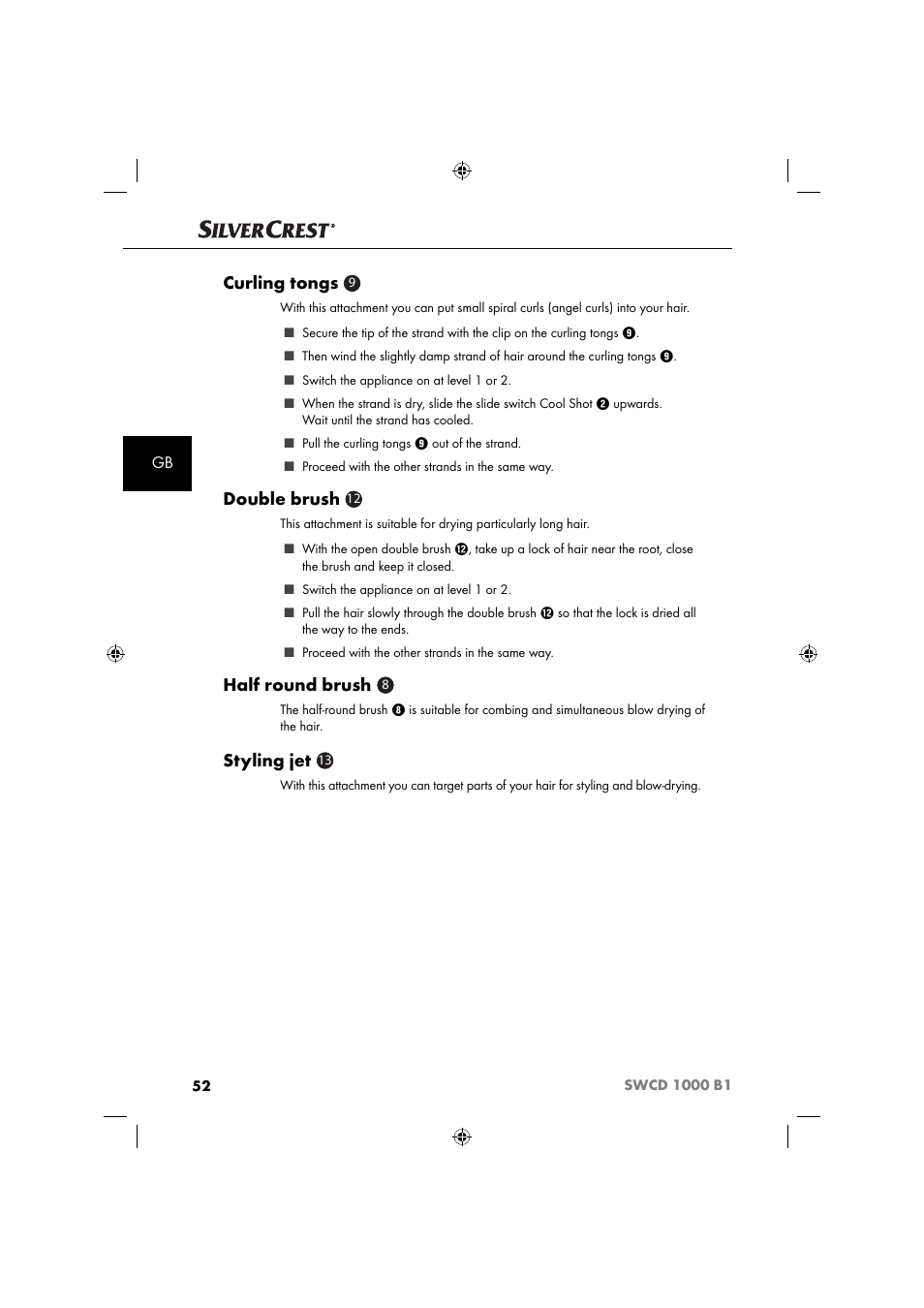 Curling tongs, Double brush, Half round brush | Styling jet | Silvercrest SWCD 1000 B1 User Manual | Page 55 / 59