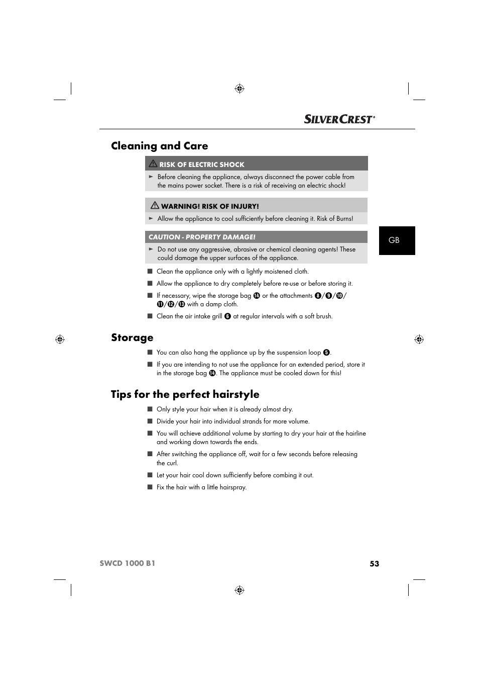 Cleaning and care, Storage, Tips for the perfect hairstyle | Silvercrest SWCD 1000 B1 User Manual | Page 56 / 59