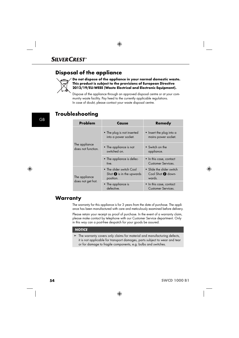 Disposal of the appliance, Troubleshooting, Warranty | Silvercrest SWCD 1000 B1 User Manual | Page 57 / 59