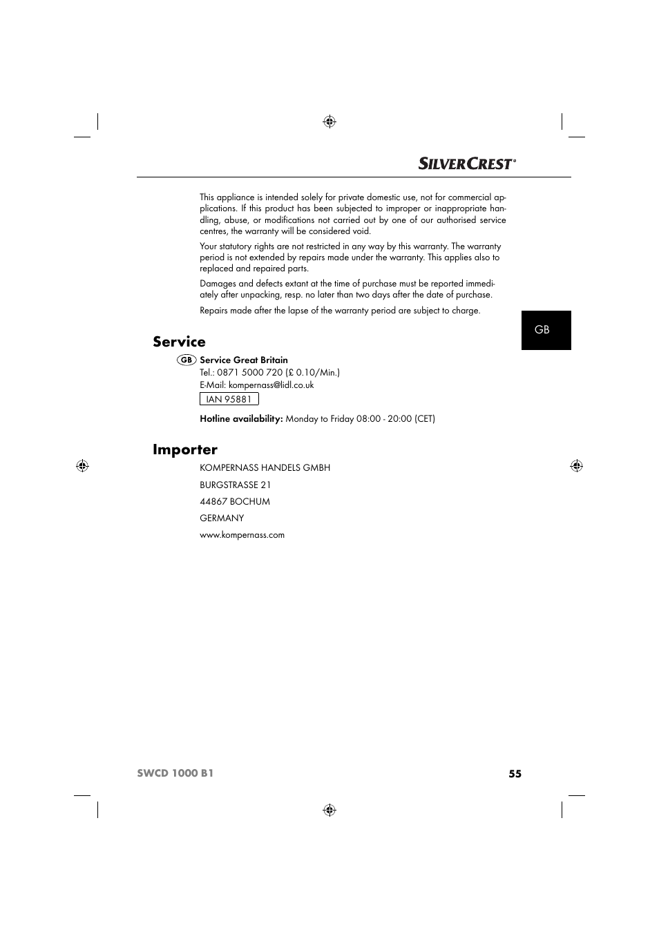 Service, Importer | Silvercrest SWCD 1000 B1 User Manual | Page 58 / 59