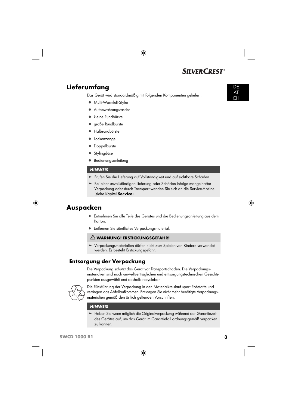 Lieferumfang, Auspacken, Entsorgung der verpackung | De at ch | Silvercrest SWCD 1000 B1 User Manual | Page 6 / 59