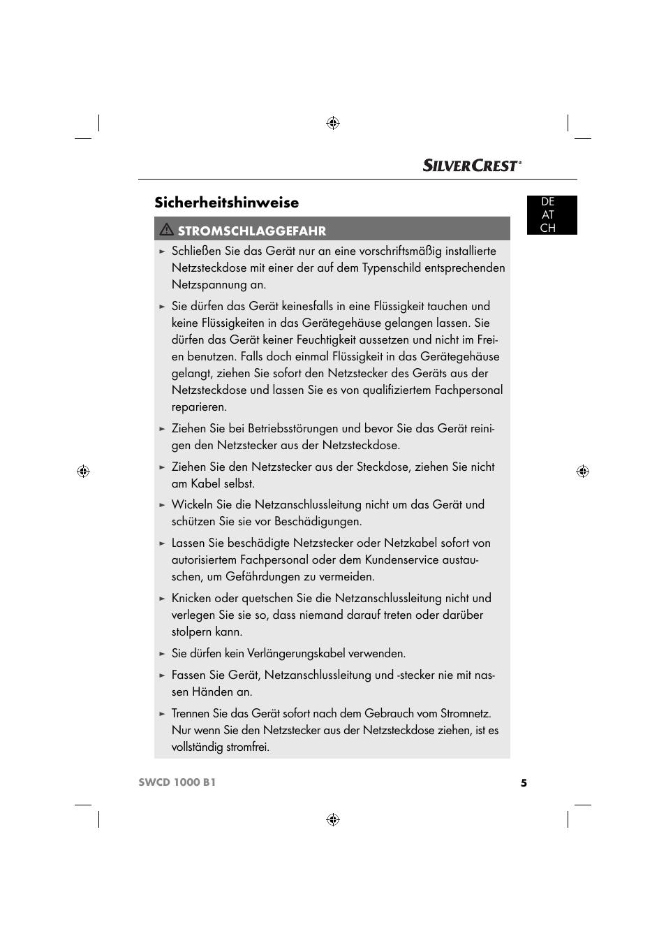 Sicherheitshinweise, Stromschlaggefahr, Sie dürfen kein verlängerungskabel verwenden | Silvercrest SWCD 1000 B1 User Manual | Page 8 / 59