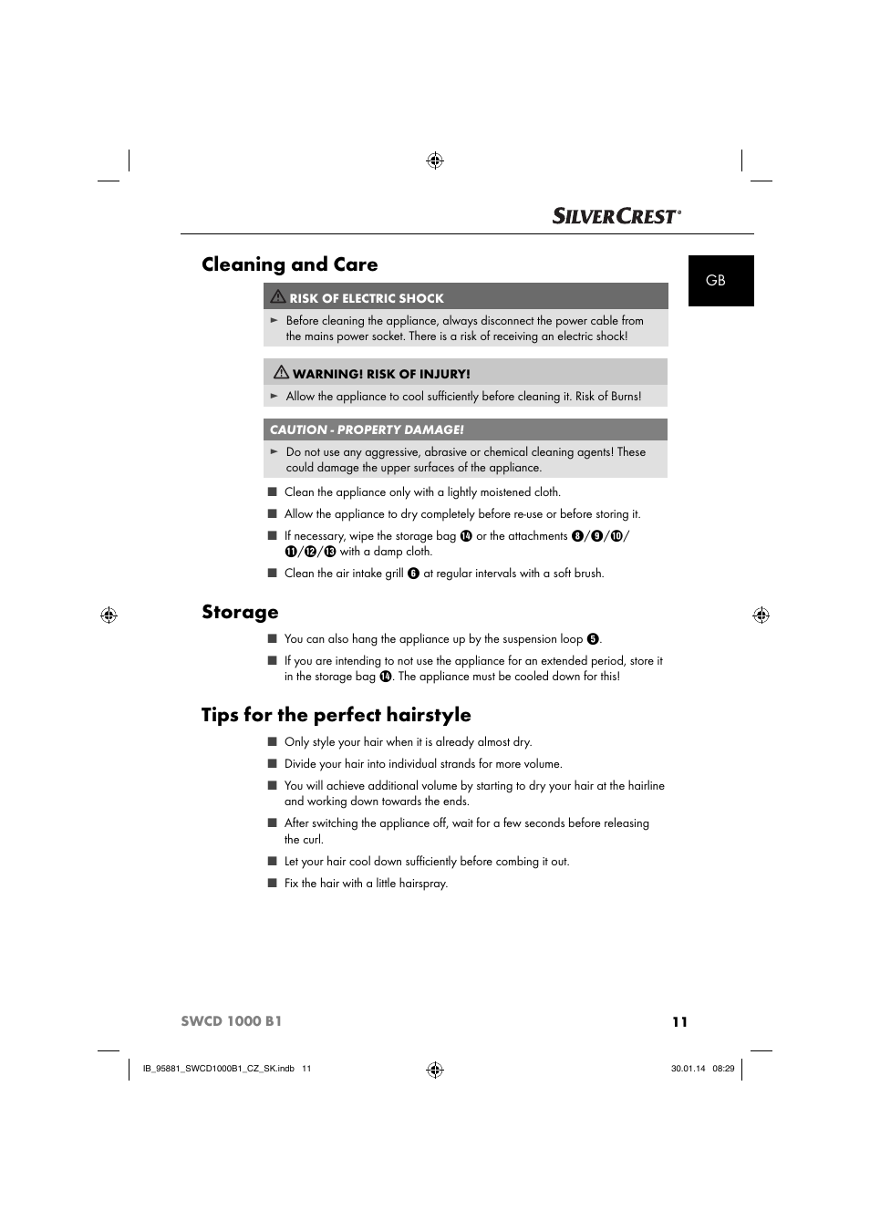 Cleaning and care, Storage, Tips for the perfect hairstyle | Silvercrest SWCD 1000 B1 User Manual | Page 14 / 59