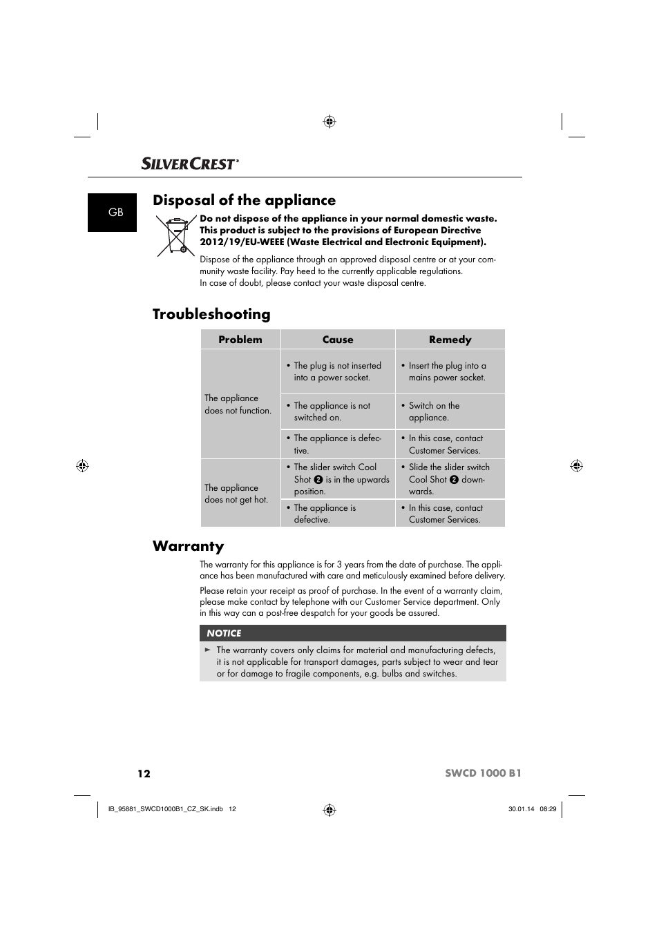Disposal of the appliance, Troubleshooting, Warranty | Silvercrest SWCD 1000 B1 User Manual | Page 15 / 59