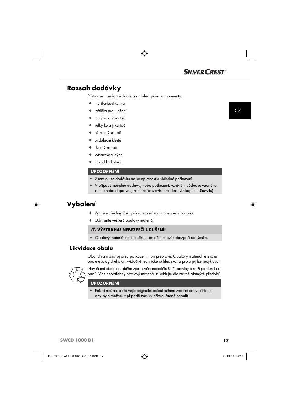 Rozsah dodávky, Vybalení, Likvidace obalu | Silvercrest SWCD 1000 B1 User Manual | Page 20 / 59