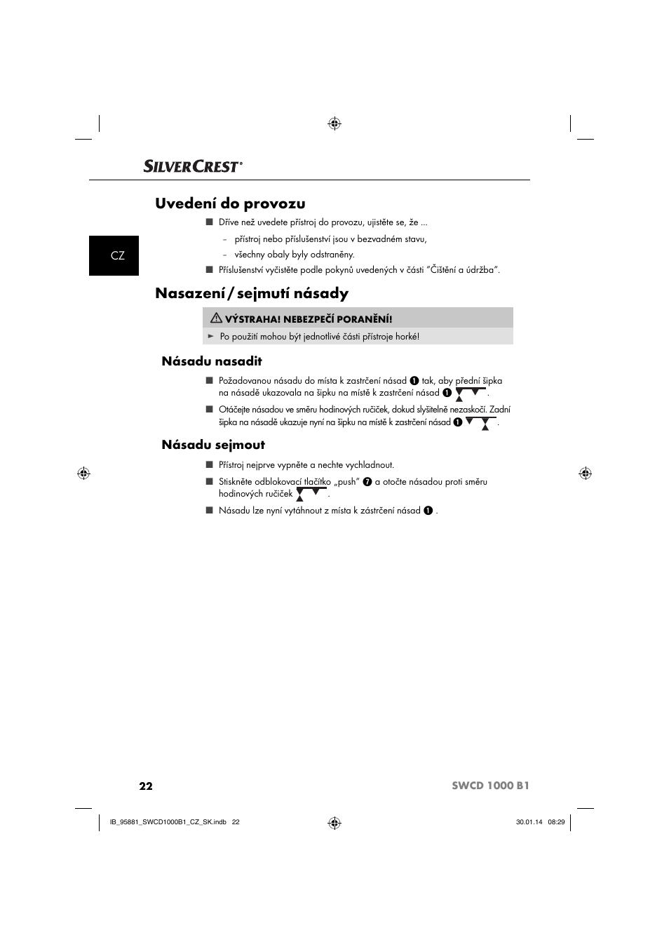 Uvedení do provozu, Nasazení / sejmutí násady, Násadu nasadit | Násadu sejmout | Silvercrest SWCD 1000 B1 User Manual | Page 25 / 59