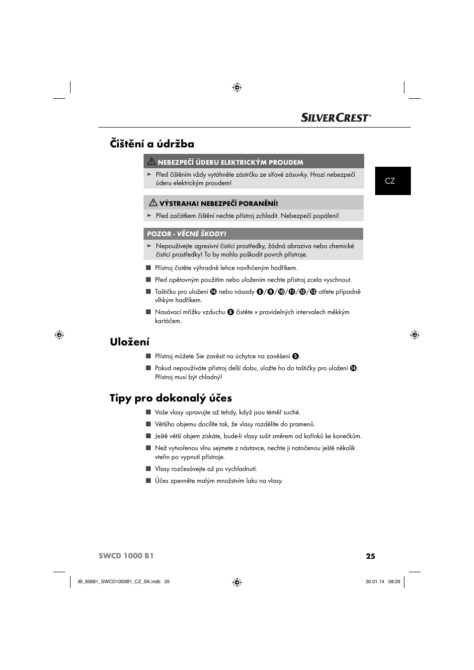 Čištění a údržba, Uložení, Tipy pro dokonalý účes | Silvercrest SWCD 1000 B1 User Manual | Page 28 / 59