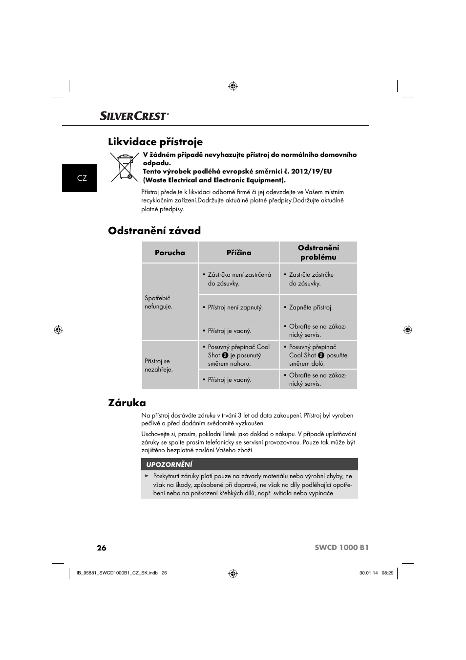 Likvidace přístroje, Odstranění závad, Záruka | Silvercrest SWCD 1000 B1 User Manual | Page 29 / 59