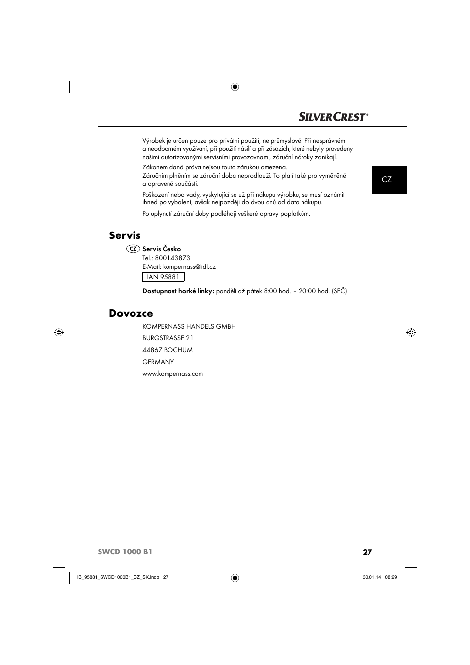 Servis, Dovozce | Silvercrest SWCD 1000 B1 User Manual | Page 30 / 59
