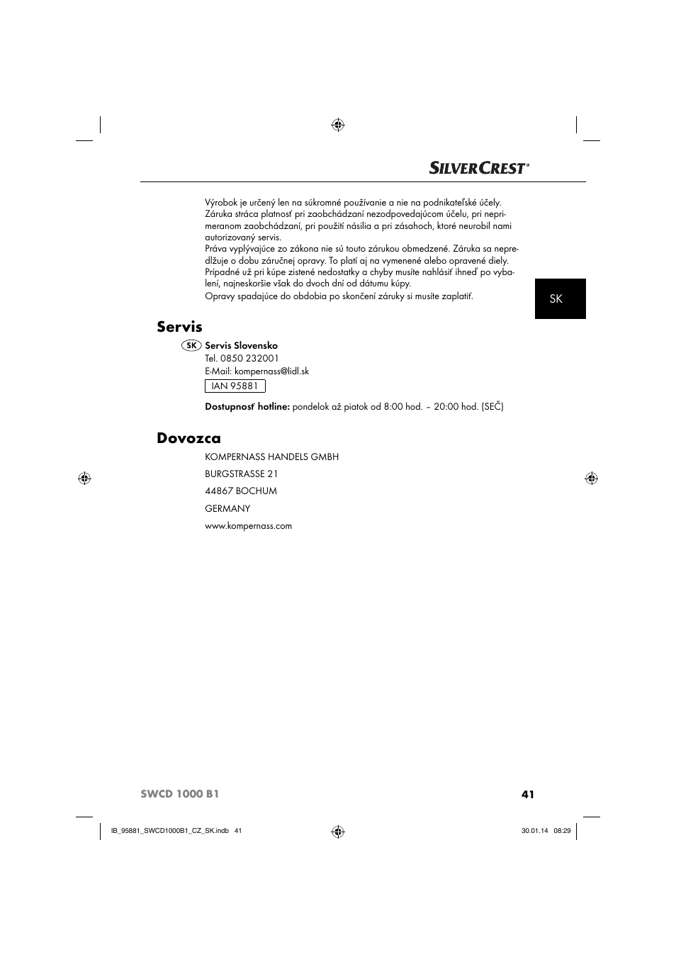 Servis, Dovozca | Silvercrest SWCD 1000 B1 User Manual | Page 44 / 59