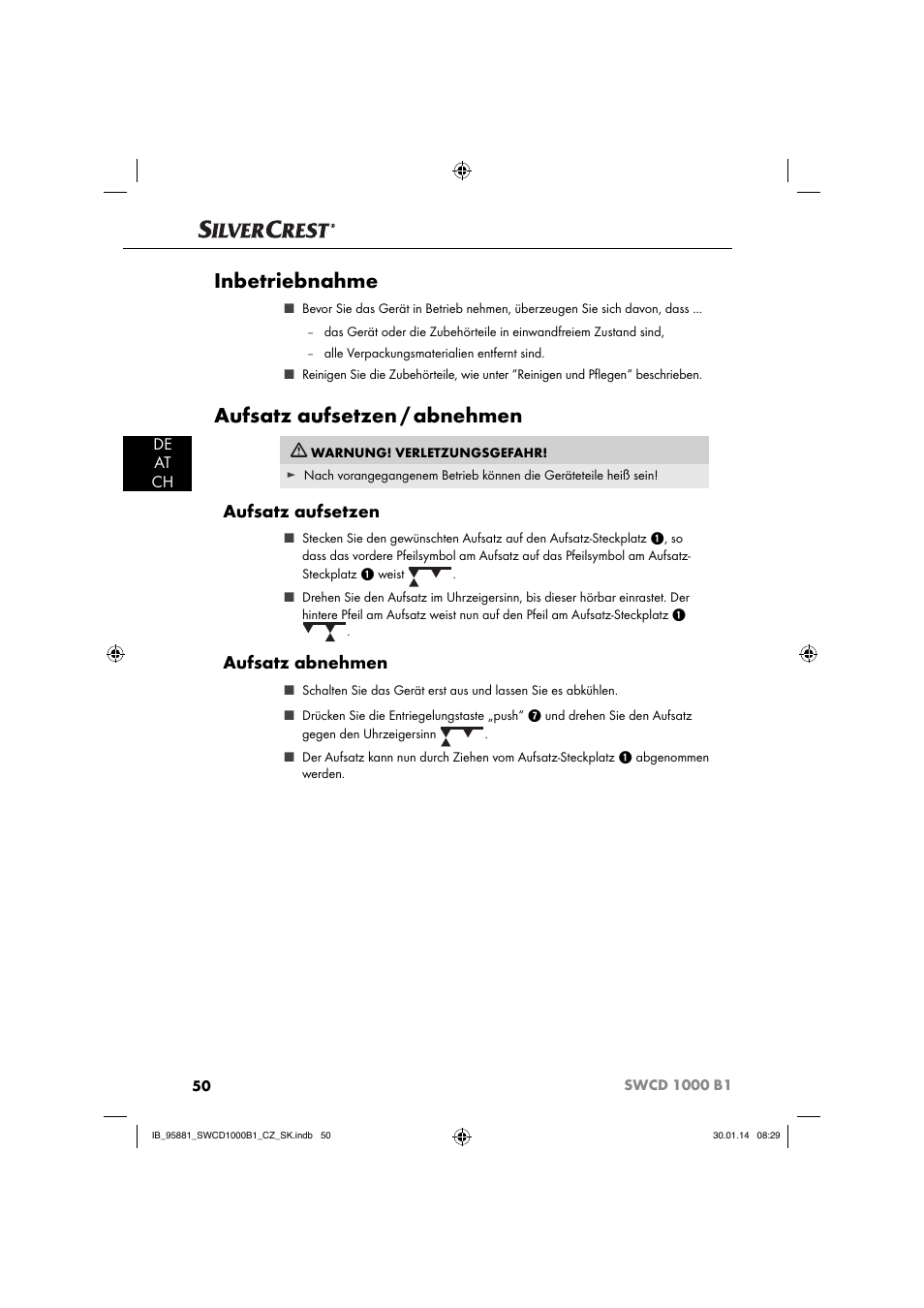 Inbetriebnahme, Aufsatz aufsetzen / abnehmen, Aufsatz aufsetzen | Aufsatz abnehmen, De at ch | Silvercrest SWCD 1000 B1 User Manual | Page 53 / 59