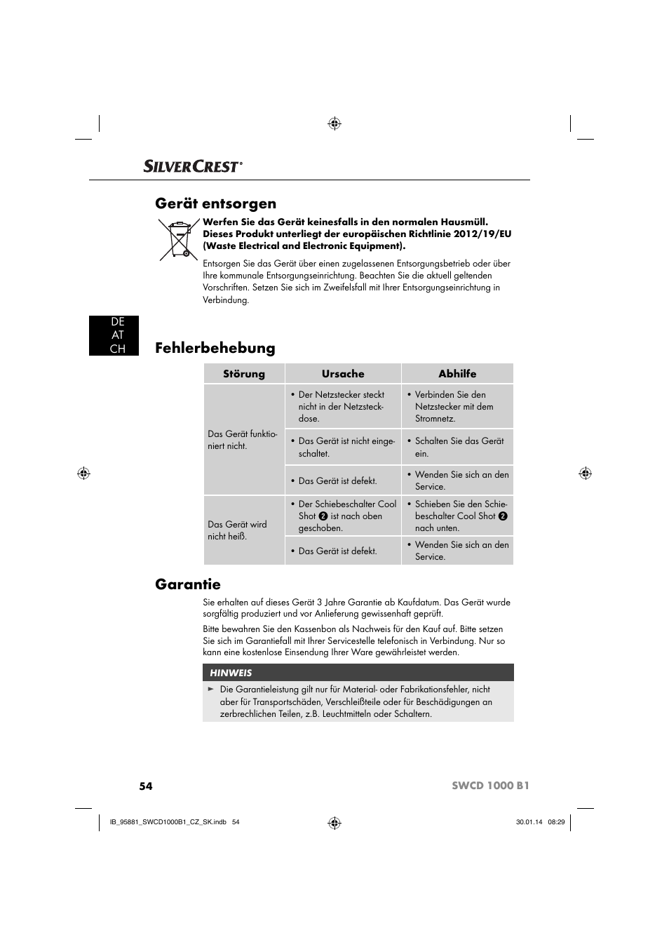 Gerät entsorgen, Fehlerbehebung, Garantie | De at ch | Silvercrest SWCD 1000 B1 User Manual | Page 57 / 59