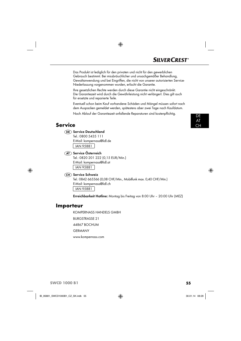 Service, Importeur, De at ch | Silvercrest SWCD 1000 B1 User Manual | Page 58 / 59