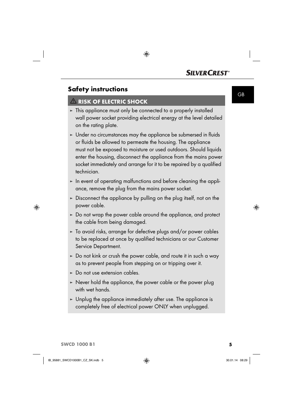 Safety instructions, Risk of electric shock, Do not use extension cables | Silvercrest SWCD 1000 B1 User Manual | Page 8 / 59