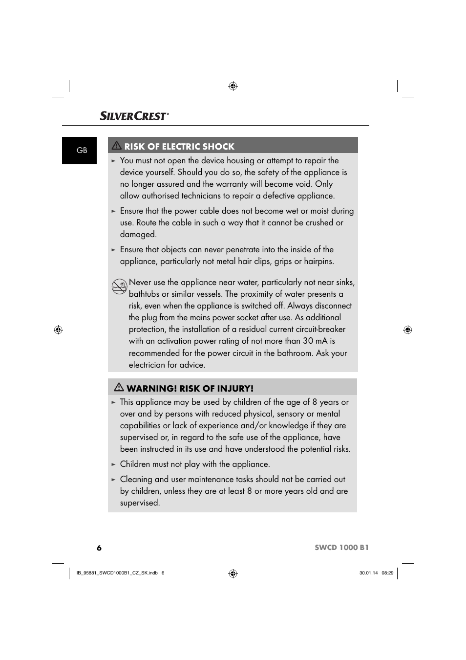 Risk of electric shock, Children must not play with the appliance | Silvercrest SWCD 1000 B1 User Manual | Page 9 / 59