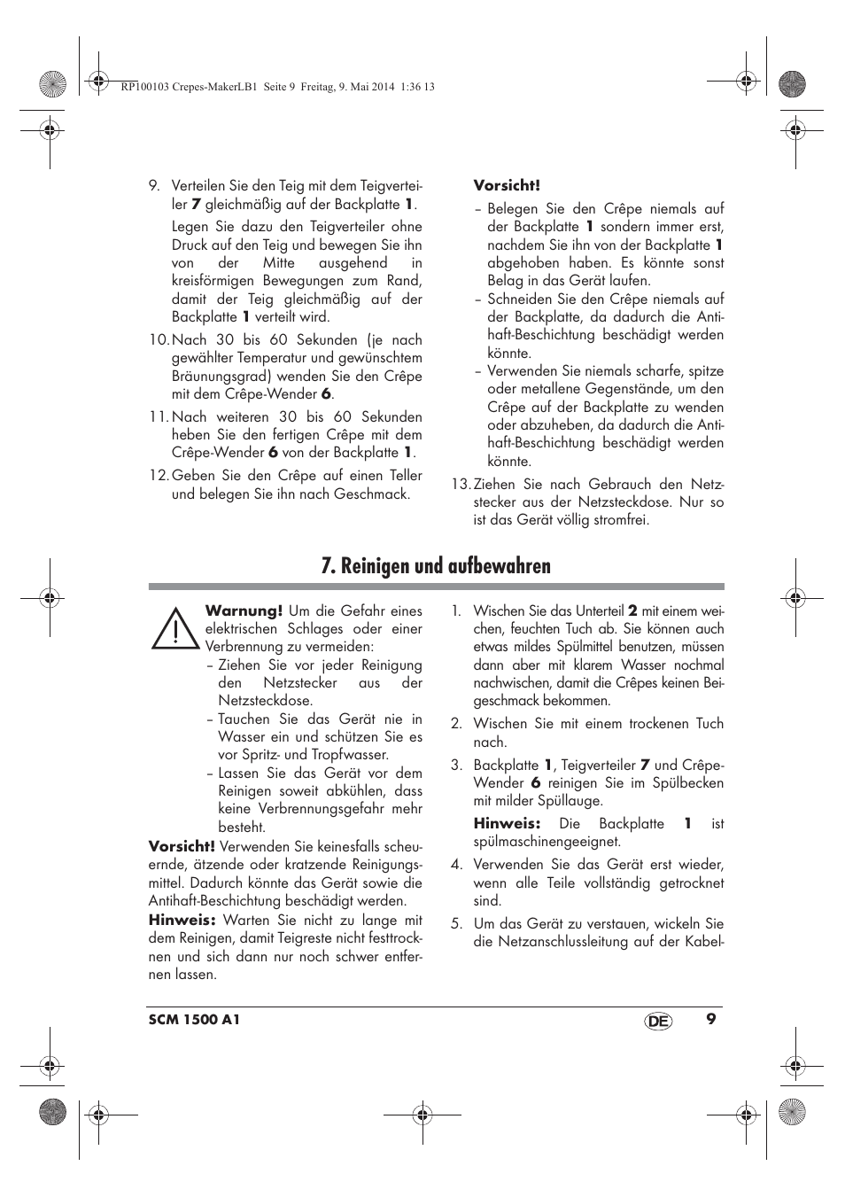 Reinigen und aufbewahren | Silvercrest SCM 1500 A1 User Manual | Page 11 / 54