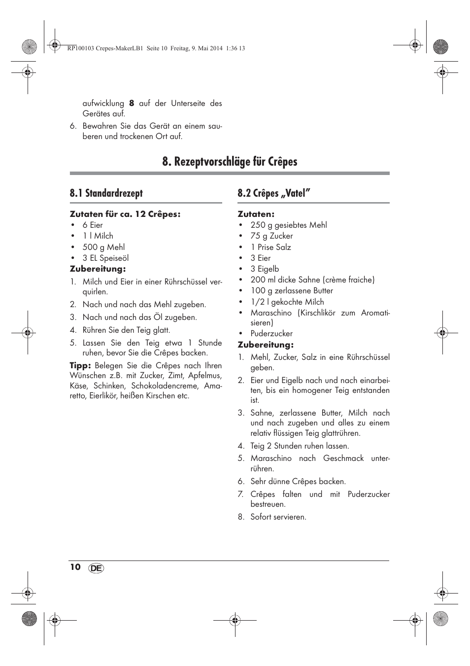 Rezeptvorschläge für crêpes, 1 standardrezept, 2 crêpes „vatel | Silvercrest SCM 1500 A1 User Manual | Page 12 / 54