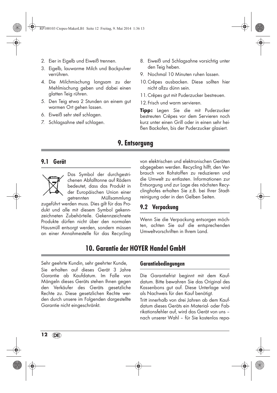Entsorgung, Garantie der hoyer handel gmbh, 1 gerät | 2 verpackung | Silvercrest SCM 1500 A1 User Manual | Page 14 / 54