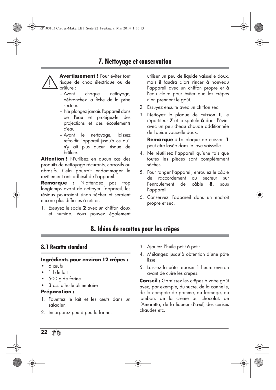 Nettoyage et conservation, Idées de recettes pour les crêpes, 1 recette standard | Silvercrest SCM 1500 A1 User Manual | Page 24 / 54