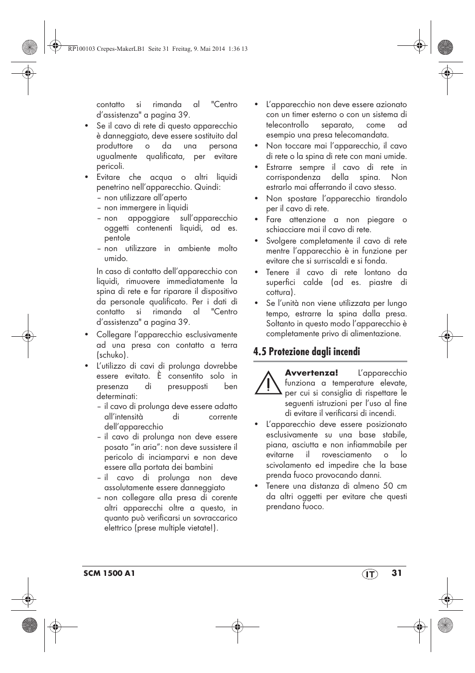 5 protezione dagli incendi | Silvercrest SCM 1500 A1 User Manual | Page 33 / 54