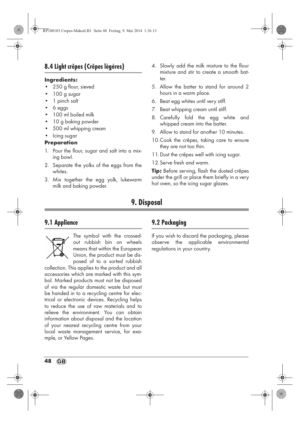 Disposal, 4 light crêpes (crêpes lègéres), 1 appliance | 2 packaging | Silvercrest SCM 1500 A1 User Manual | Page 50 / 54