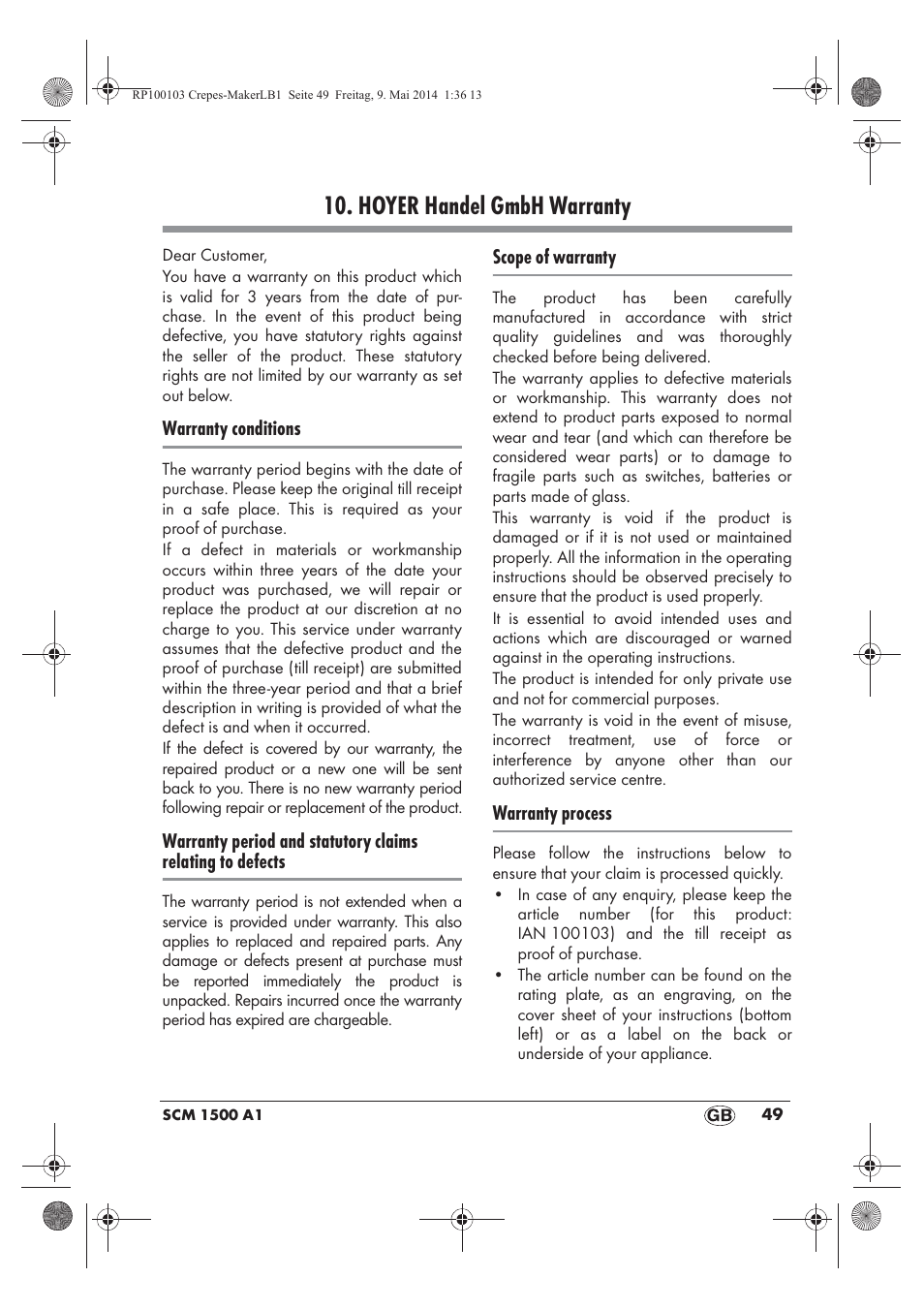 Hoyer handel gmbh warranty | Silvercrest SCM 1500 A1 User Manual | Page 51 / 54