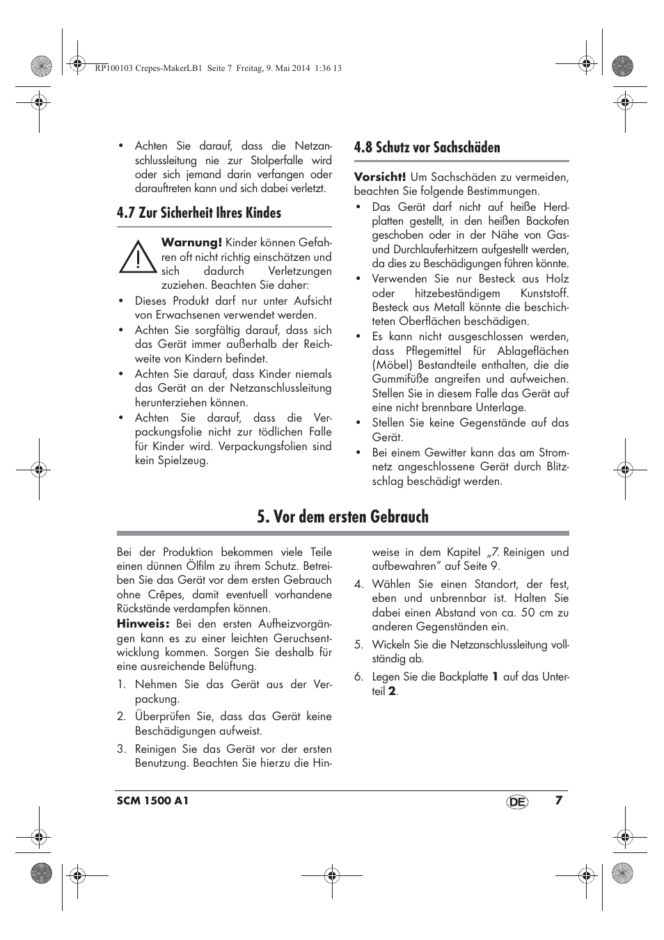 Vor dem ersten gebrauch, 7 zur sicherheit ihres kindes, 8 schutz vor sachschäden | Silvercrest SCM 1500 A1 User Manual | Page 9 / 54