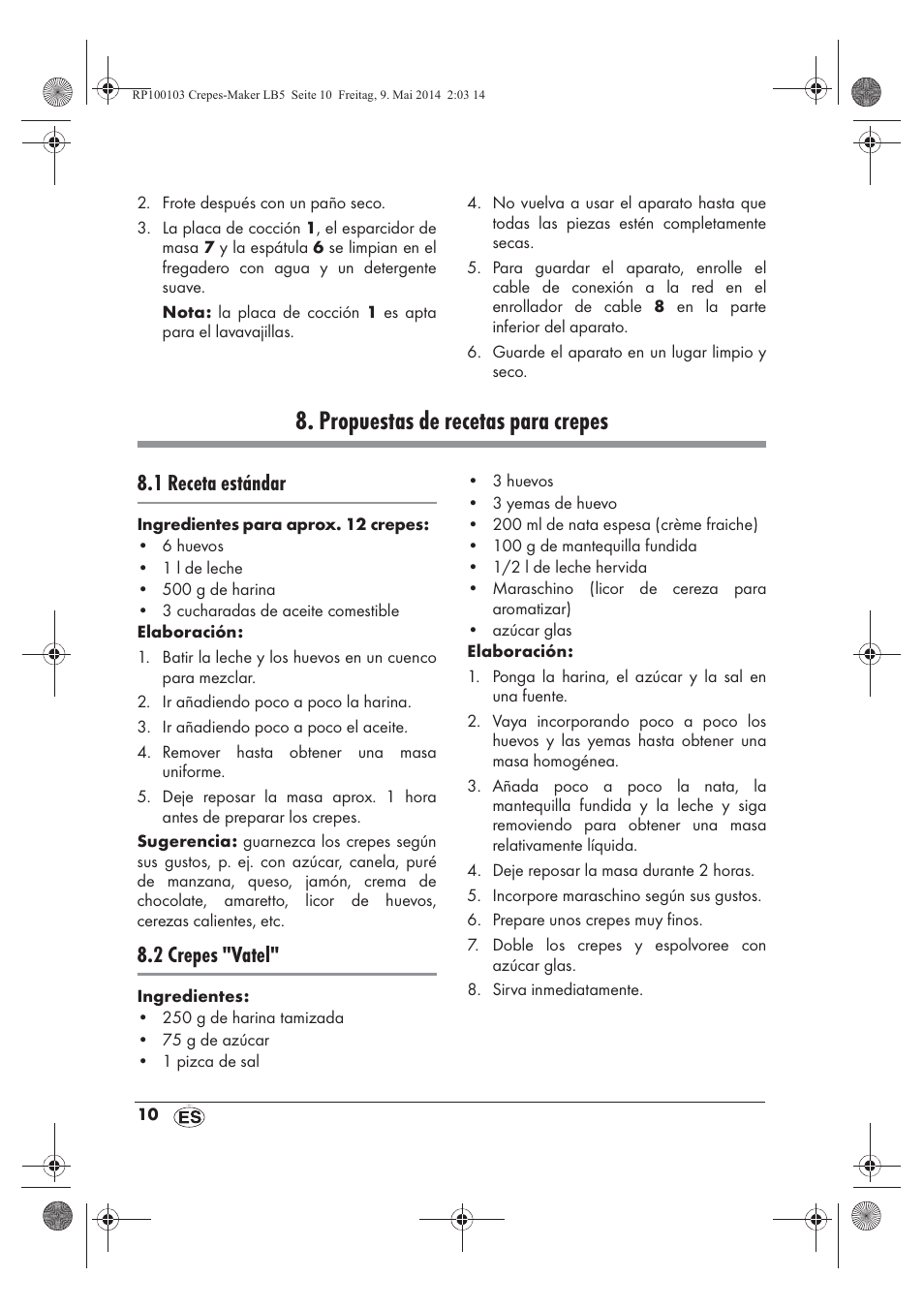 Propuestas de recetas para crepes, 1 receta estándar, 2 crepes "vatel | Silvercrest SCM 1500 A1 User Manual | Page 12 / 66