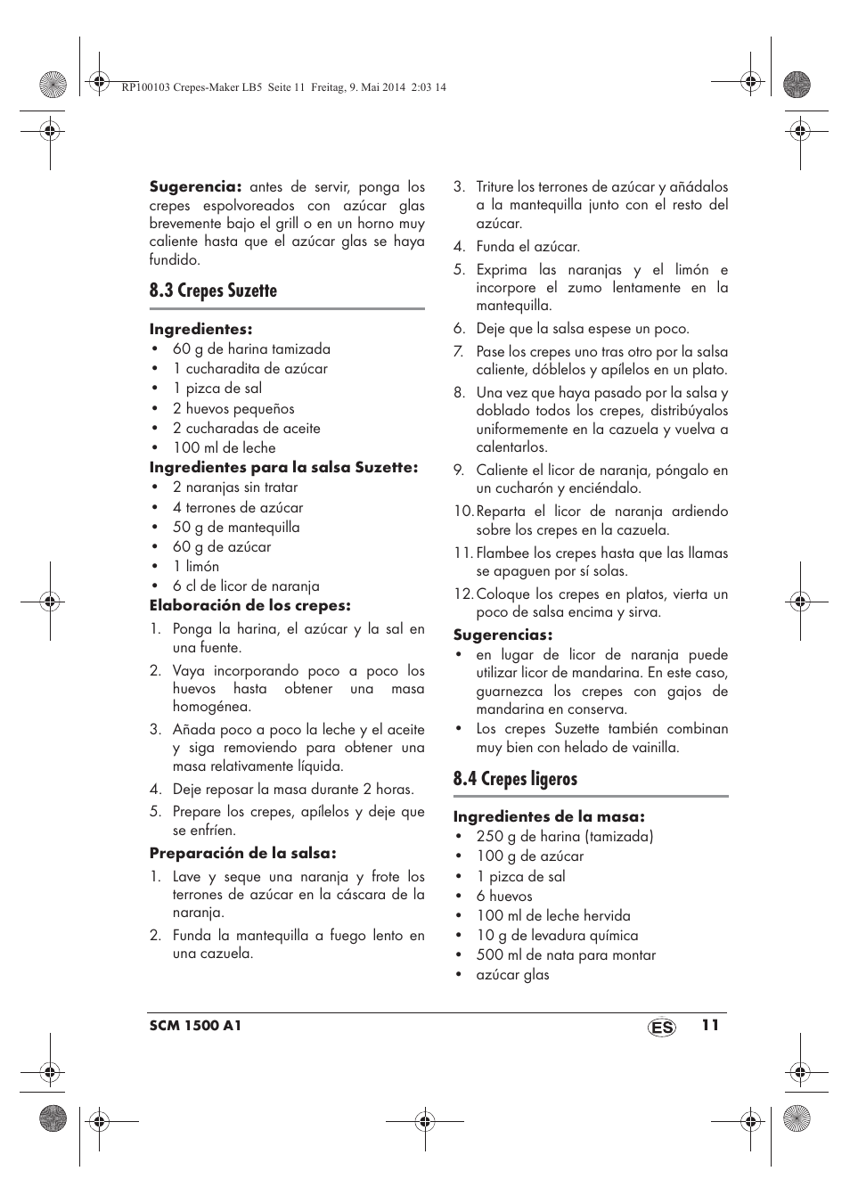 3 crepes suzette, 4 crepes ligeros | Silvercrest SCM 1500 A1 User Manual | Page 13 / 66