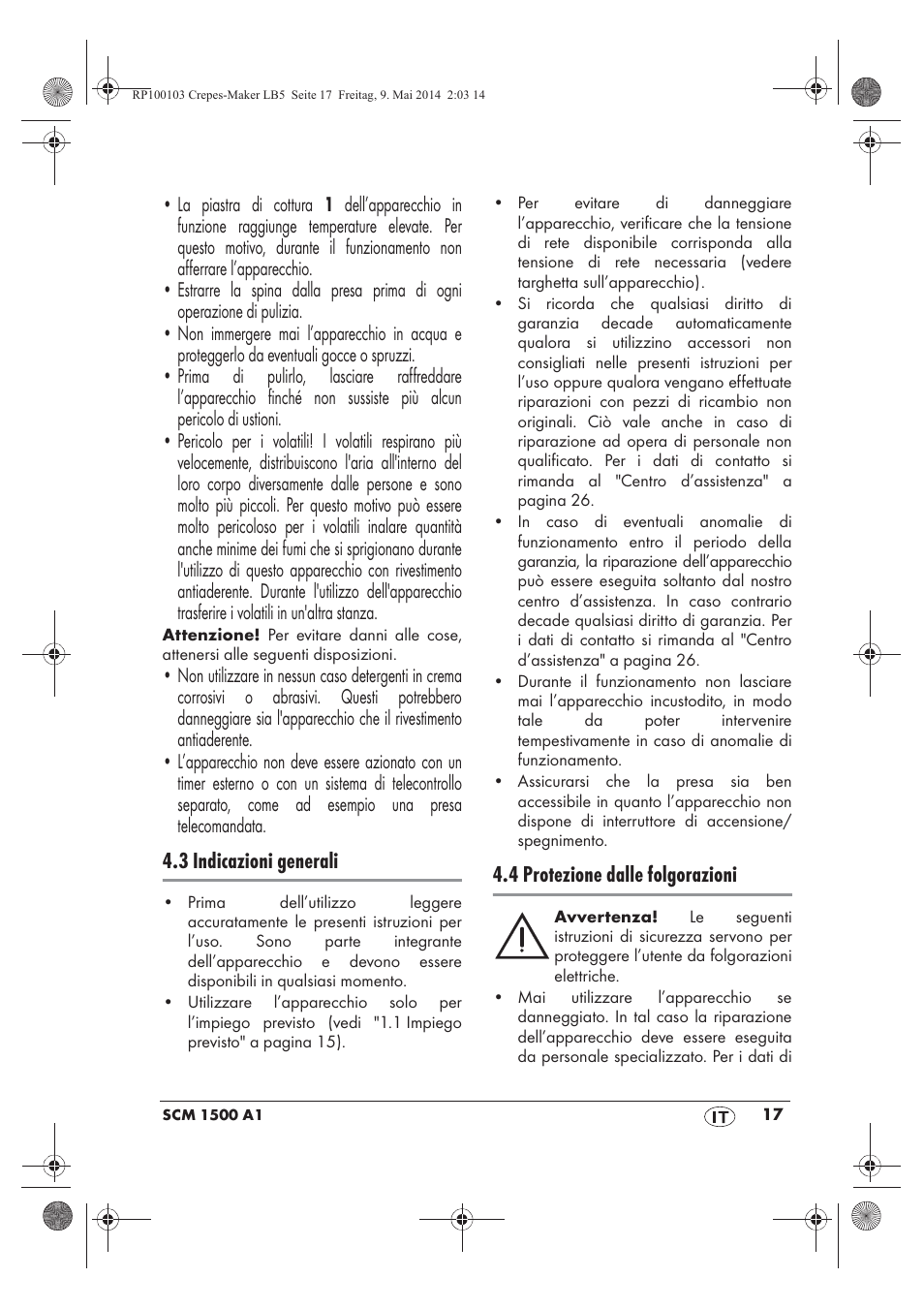 3 indicazioni generali, 4 protezione dalle folgorazioni | Silvercrest SCM 1500 A1 User Manual | Page 19 / 66