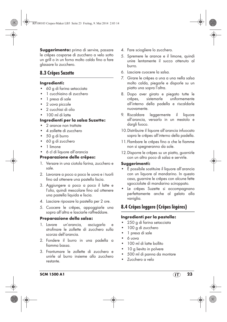 3 crêpes suzette, 4 crêpes leggere (crêpes lègéres) | Silvercrest SCM 1500 A1 User Manual | Page 25 / 66
