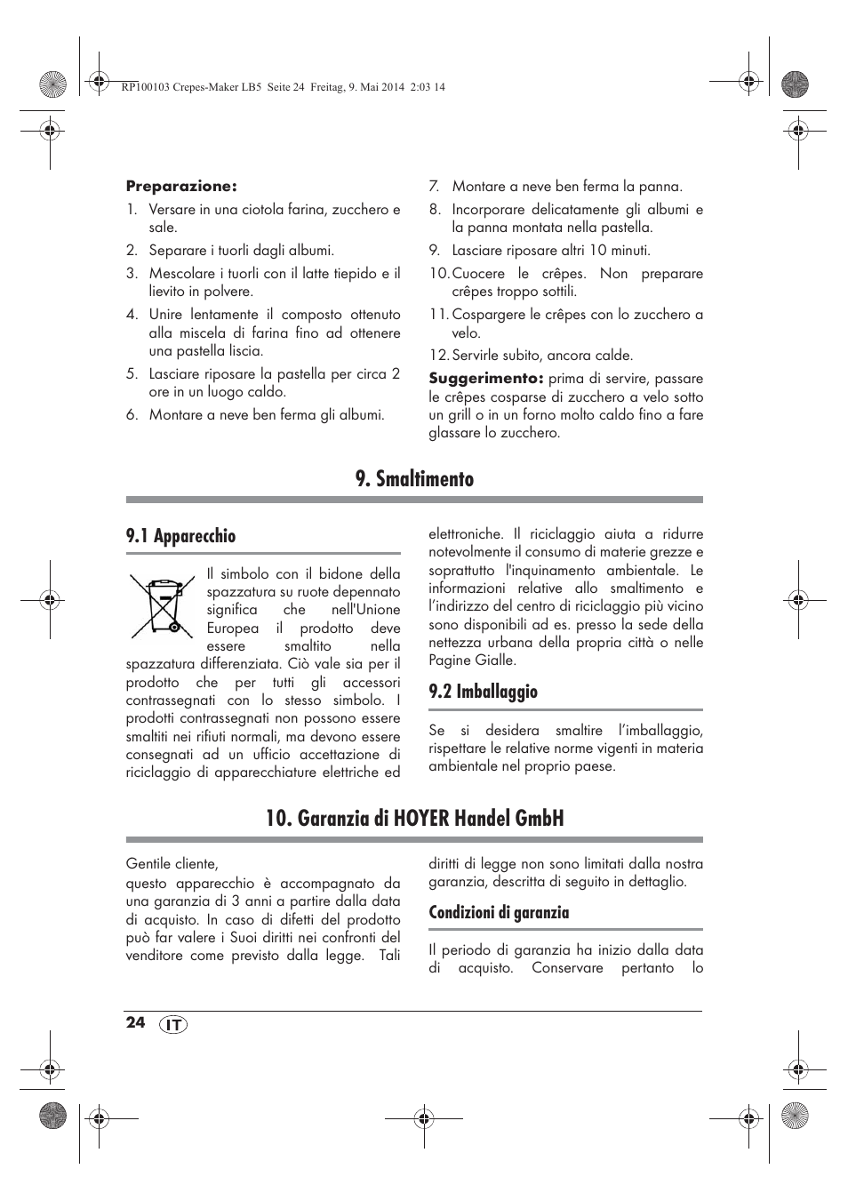 Smaltimento, Garanzia di hoyer handel gmbh, 1 apparecchio | 2 imballaggio | Silvercrest SCM 1500 A1 User Manual | Page 26 / 66
