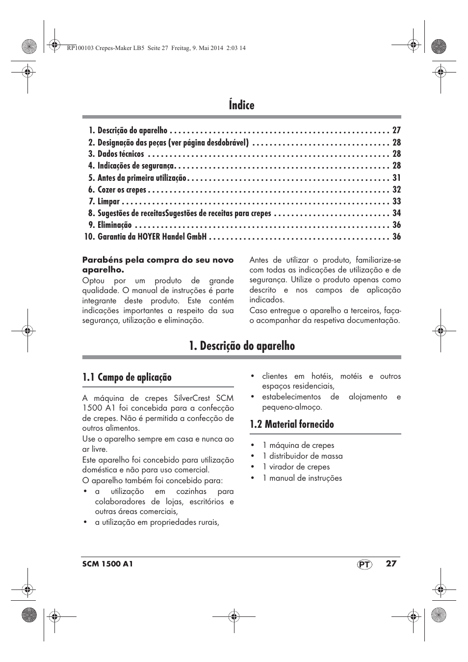 Índice, Descrição do aparelho, 1 campo de aplicação | 2 material fornecido | Silvercrest SCM 1500 A1 User Manual | Page 29 / 66