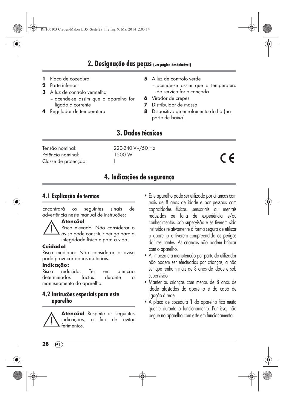 Designação das peças, Dados técnicos, Indicações de segurança | Silvercrest SCM 1500 A1 User Manual | Page 30 / 66
