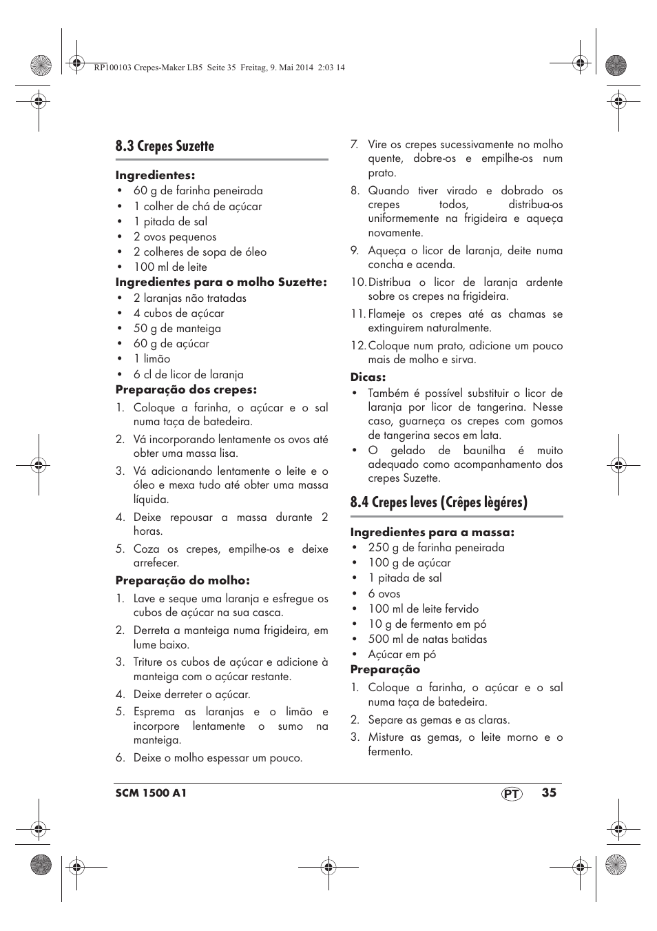 3 crepes suzette, 4 crepes leves (crêpes lègéres) | Silvercrest SCM 1500 A1 User Manual | Page 37 / 66