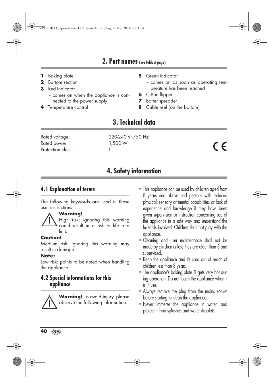 Part names, Technical data, Safety information | Silvercrest SCM 1500 A1 User Manual | Page 42 / 66