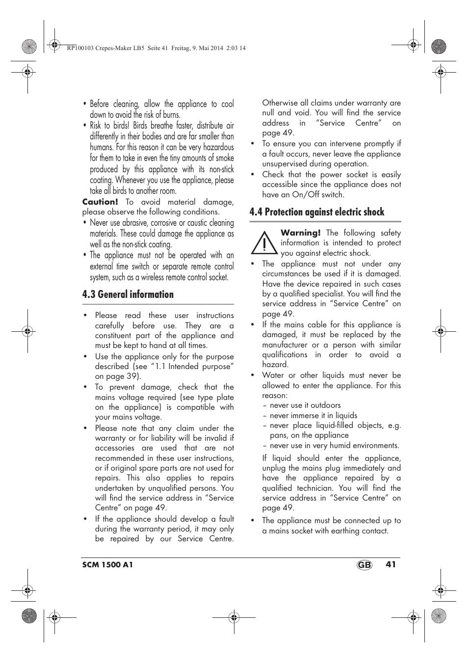 3 general information, 4 protection against electric shock | Silvercrest SCM 1500 A1 User Manual | Page 43 / 66