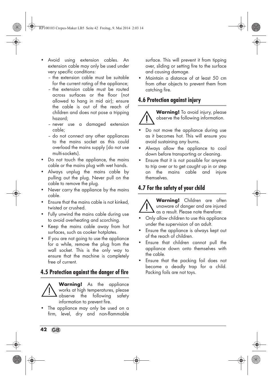 5 protection against the danger of fire, 6 protection against injury, 7 for the safety of your child | Silvercrest SCM 1500 A1 User Manual | Page 44 / 66