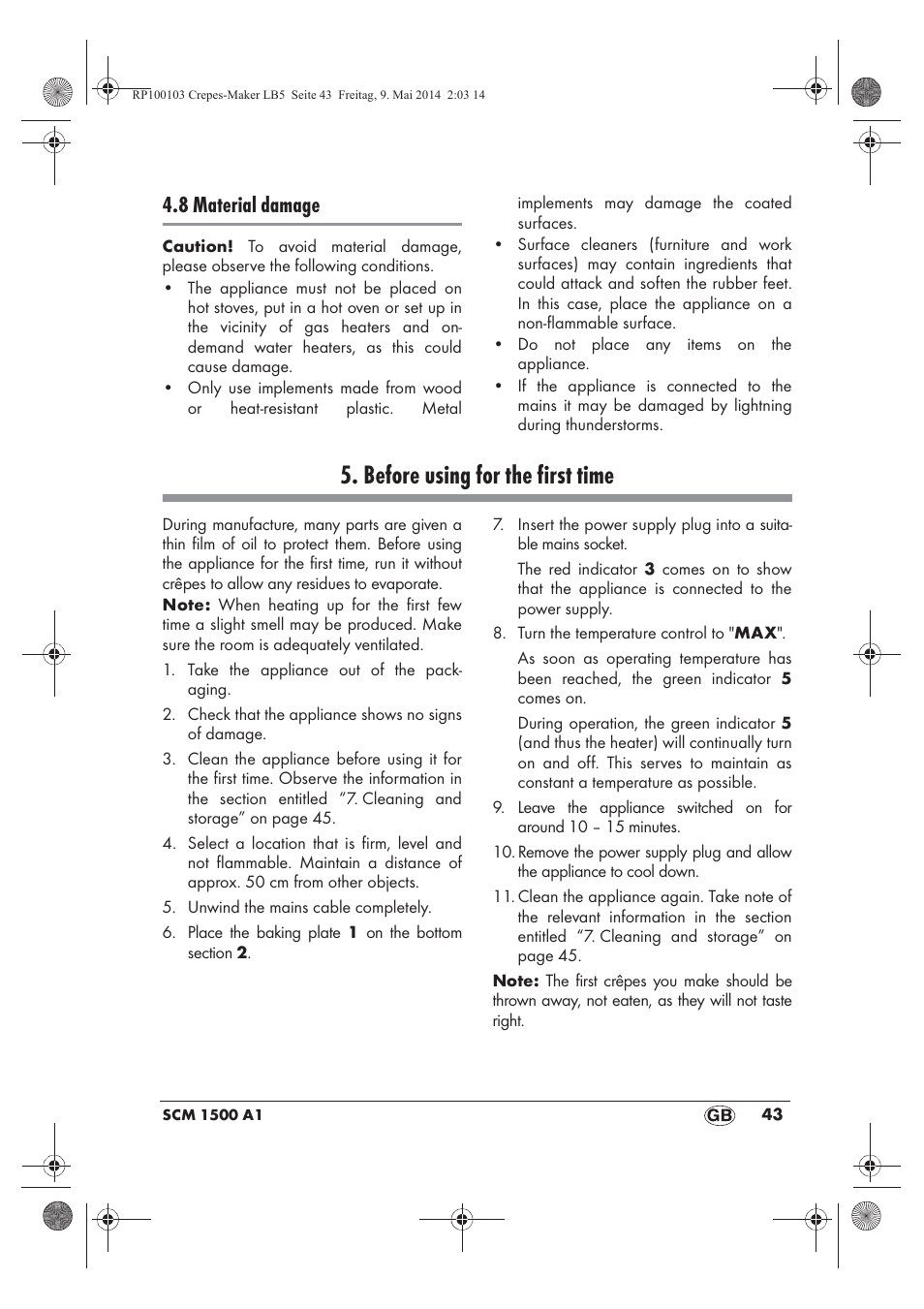 Before using for the first time, 8 material damage | Silvercrest SCM 1500 A1 User Manual | Page 45 / 66